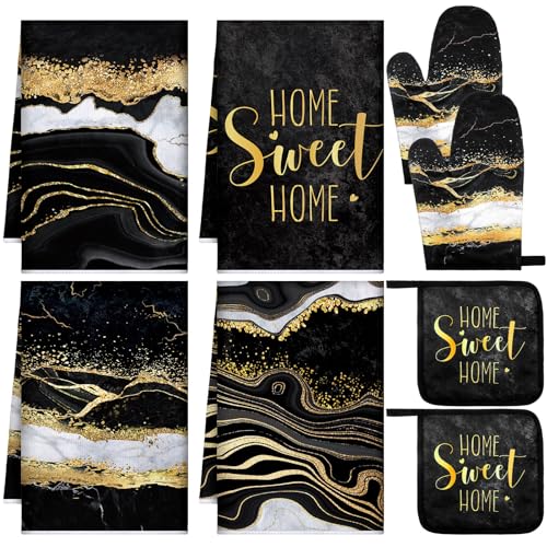 Leinuosen 8 Pcs Black Marble Kitchen Decor Dish Towels and Oven Mitts Sets Pot Holders and Dishcloths Farmhouse Kitchen Accessories Decorative Set for Chef Baking Cooking Daughter Mom Gift
