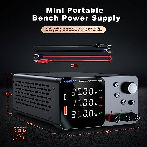 Image of DC Power Supply, 30V 10A Bench Power Supply with Encoder Adjustment, 5V /3.6A USB&Type-C Quick-Charge, Adjustable Power Supply with Output Enable /Disable Button, Short Circuit Alarm