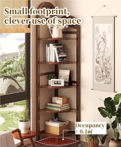 5-Tier Rattan Corner Shelf - Freestanding Bamboo & Wood Bookshelf, Plant Stand & Space-Saving Storage Solution for Living Room, Bedroom, Balcony, or Home Decor