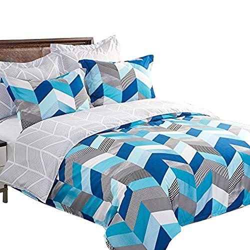 NTBAY 5 Pieces Reversible Fashionable and Simple Geometric Pattern Printed Microfiber Duvet Cover Set with Hidden Zipper, Soft & Breathable (Queen,Blue)