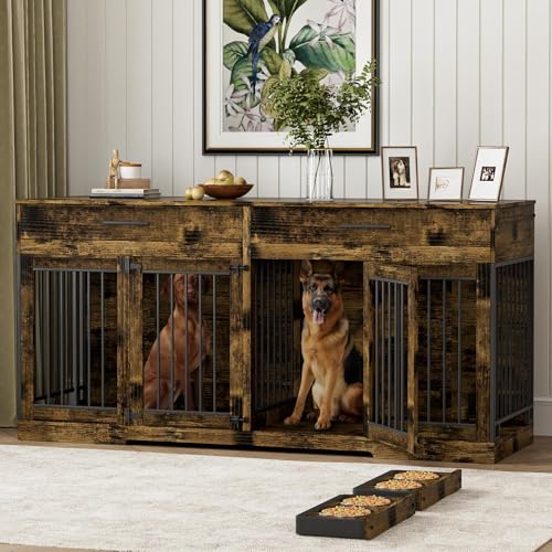 Rophefx-72-Dog-Crate-Furniture-for-2-Dogs-Large-Dog-Kennel-Furniture-with-2-Storage-Drawer-and-4-Bowls-Wooden-Dog-Cage-with-Removable-Divider-Indoor-Dog-House-TV-Stand-for-Large-Dog-Rustic-Brown Rophefx 72 Dog Crate Furniture for 2 Dogs Large Dog Kennel Furniture with 2 Storage Drawer and 4 Bowls Wooden Dog Cage with Removable Divider Indoor Dog House TV Stand for Large Dog Rustic Brown