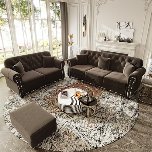 Image of KEIKI 2-Piece Chesterfield Sofa Set with 1 Velvet 3-Seater Sofa & 1 Loveseat Sofa, Upholstered 5-Seater Couch Set with Nailhead Trim & Rolled Arms & 1 Ottoman & 5 Pillow, for Living Room, Brown