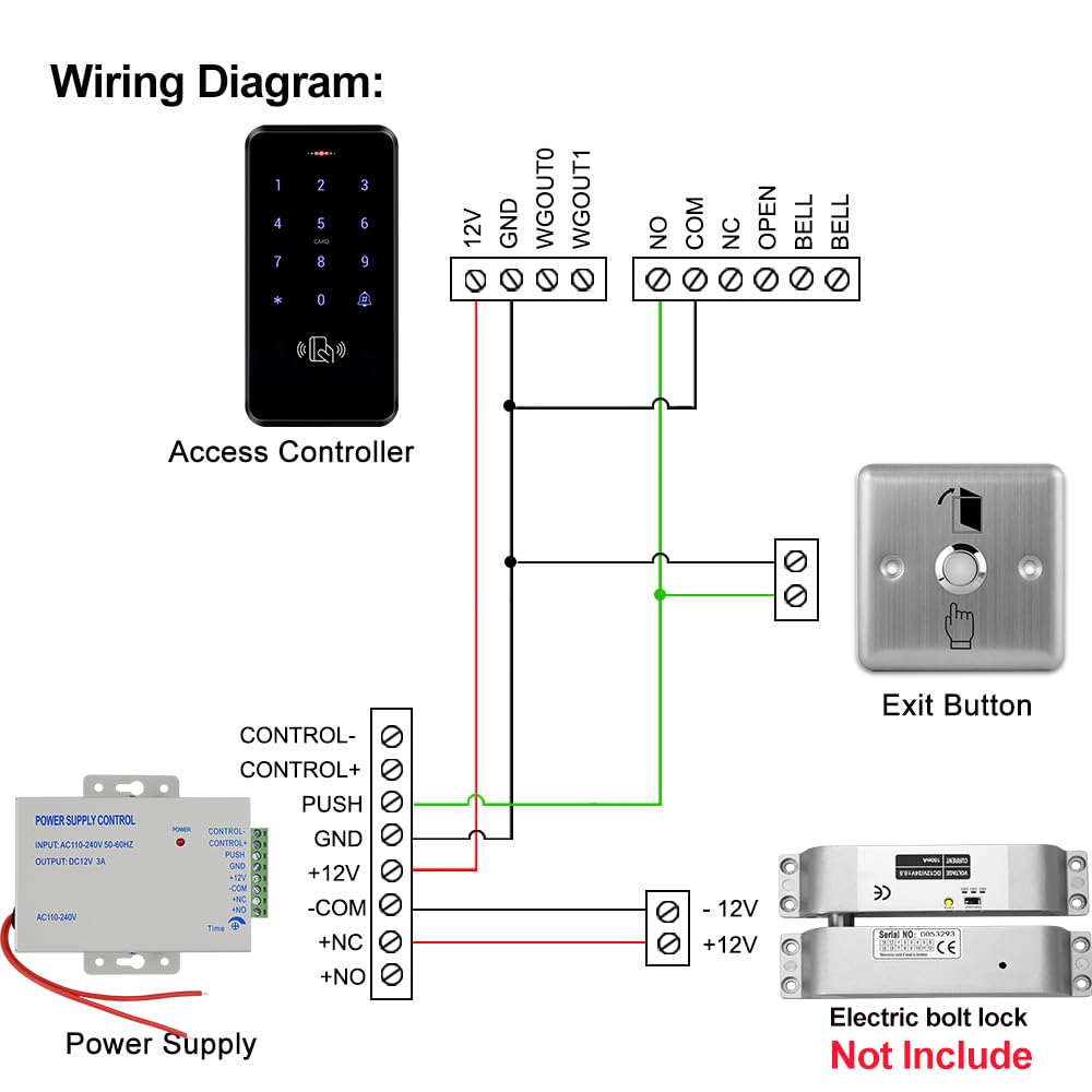 Access Security Systems Contrôleur d'accès étanche IP68 avec alimentation CC, bouton interrupteur de porte, 10 porte-clés d'identification, sans serrure