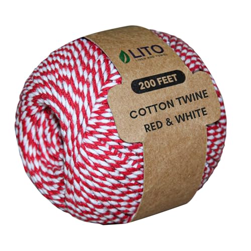 Image of LITO LINEN AND TOWEL 100% Cotton Twine Macrame Thread | Natural Cotton String for Cooking, Baking, Wrapping, Crafts, DIY Garden Decor & Gift Packaging (Red & White, 11PLY- 200 FEET- Pack of 1)