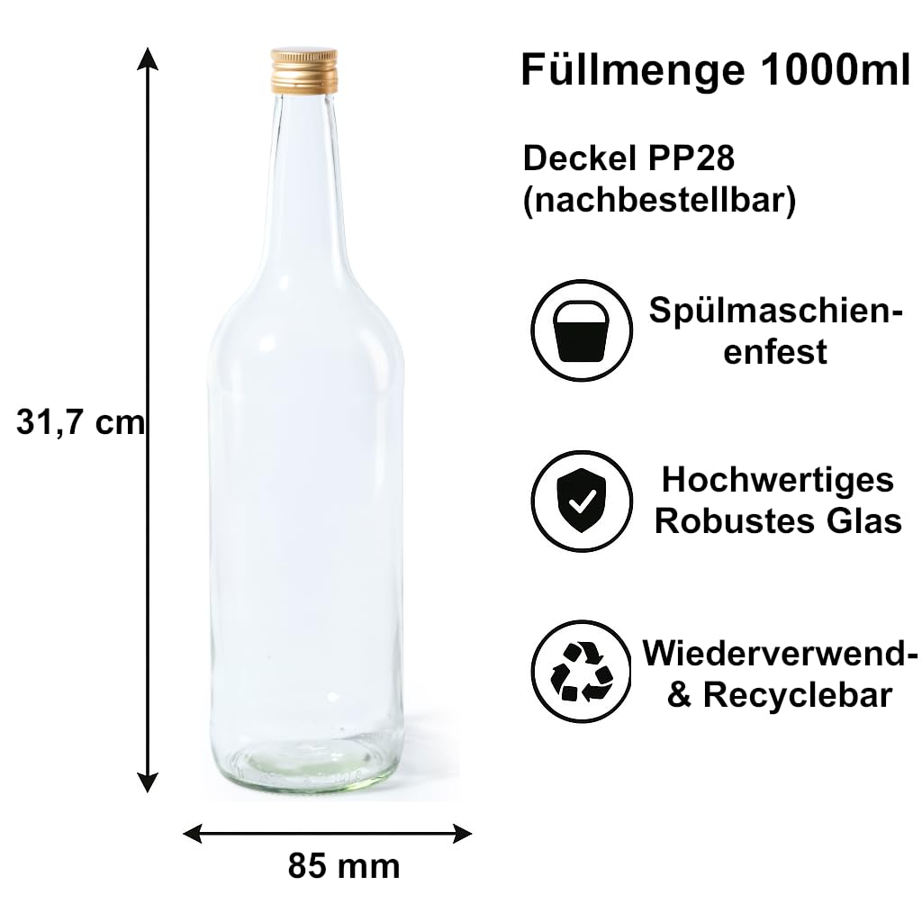 Vitrea 12 leere Glasflaschen 1 Liter Schraubverschluss Gold - große Flaschen zum Befüllen mit Deckel - für Wein, Saft, Getränke, Likör, Öl, Saucen