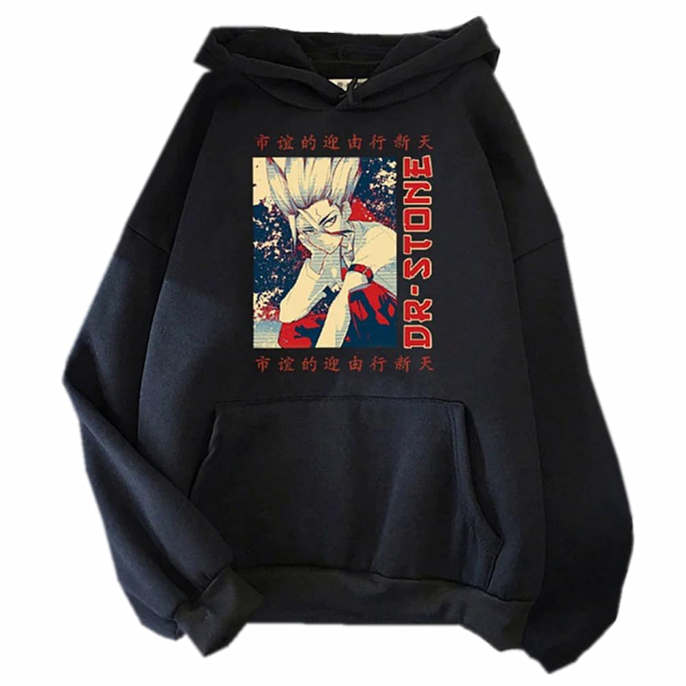 Charous Unisex Black Anime Dr.stone Cosplay Ishigami Senku Cartoon Print Hoodie,Casual Loose Thicken Soft Sweatshirts For Manga Fans
