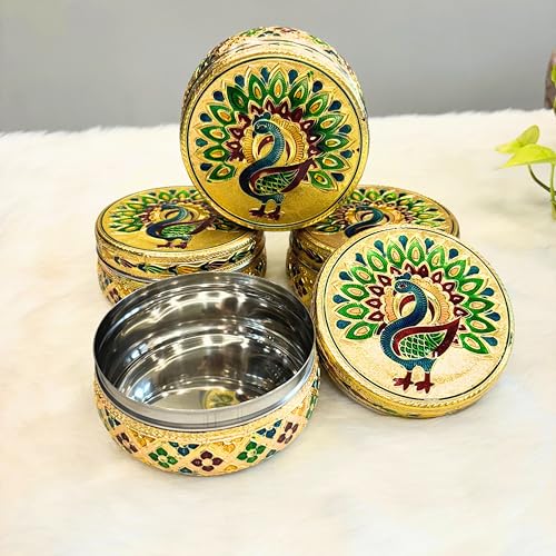 Image of NAVRANG Stainless Steel Container Box Meenakari Storage Box /Chapati /Roti Peacock Design (Pack of 4, Golden)
