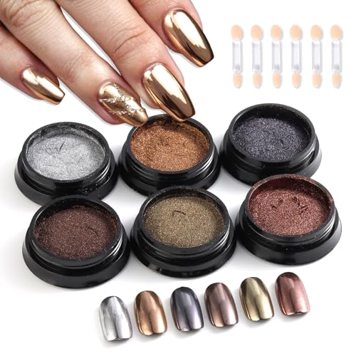 Chrome Nail Powder Mirror Effect Metallic Dust 6 Colors Bronze Brown Black Rose Gold Holographic Glitter Chrome Powder Pigment for DIY Gel Polish Nail Art Decoration Resin Craft