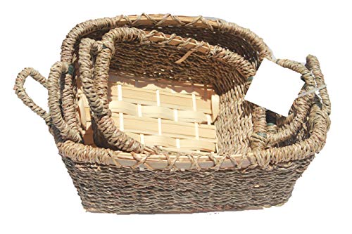 ShopOnNet WB230022-3: Rectangular Seagrass Bread OR Storage Baskets with Handles in Sand (Set of 3)