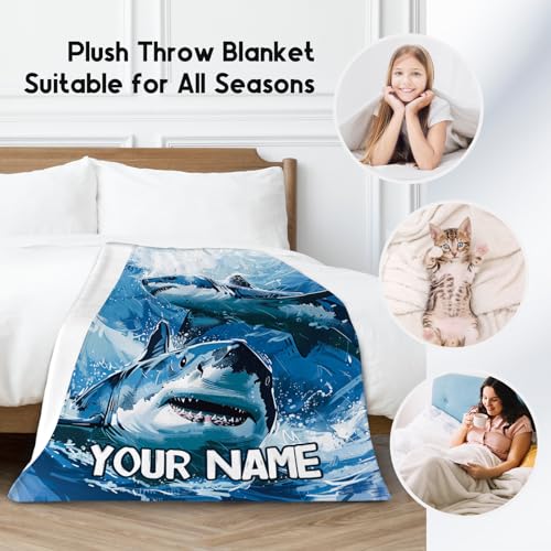 Custom Shark Blanket with Name - 60x80 Inches Cute Throw Blanket for Boys - Blue Soft Fuzzy Blankets for Bed, Couch & Living Room
