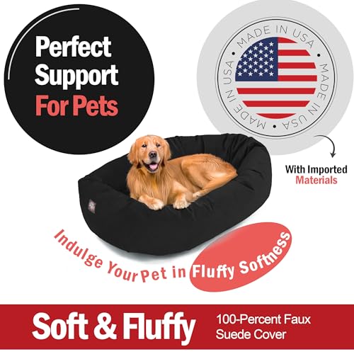 Image of Majestic Pet Suede Shredded Memory Foam Mix Calming Dog Bed Washable - Cozy Soft Round Dog Bed with Spine for Head Support - Fluffy Donut Dog Bed, 40 Inch, Black