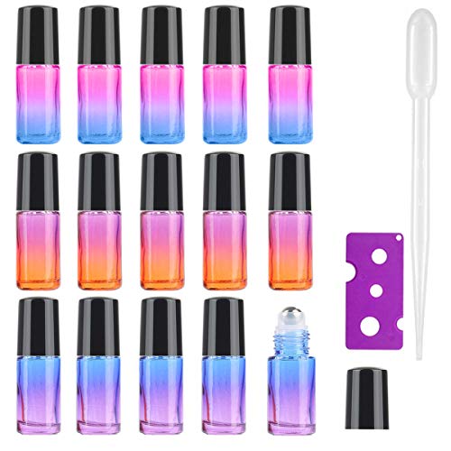 JamHooDirect Roll-on-Flaschen für ätherische Öle, nachfüllbar, Regenbogen-Glas-Rollerflaschen mit Edelstahl-Kugeln, schwarzen Kappen und Flaschenöffner, perfekt für Aromatherapie, Duft Cover
