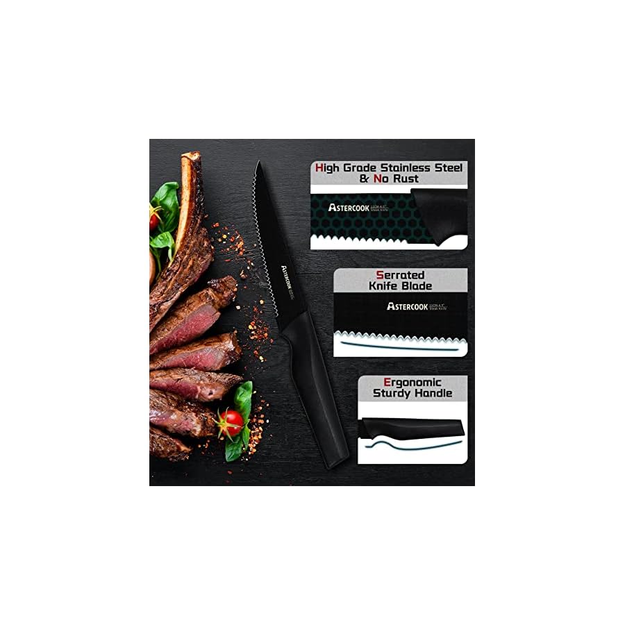 Astercook-Steak-Knives-Steak-Knives-Set-of-8-Dishwasher-Safe-High-Carbon-Stainless-Steel-Serrated-Steak-Knife-Black Astercook Steak Knives, Steak Knives Set of 8, Dishwasher Safe High Carbon Stainless Steel Serrated Steak Knife, Black