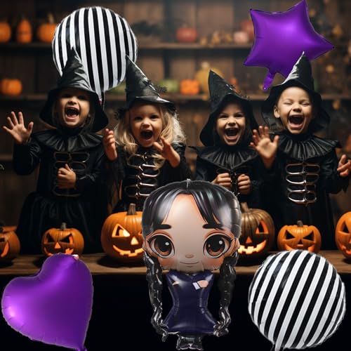 Image of 31 inch Gothic Cartoon Girl & Mixed Gothic Balloon Set: 5pcs Foil Balloons Black Striped, Star, and Heart Purple Balloons for Mysterious Character theme Party, Birthday, Halloween, and Costume Parties