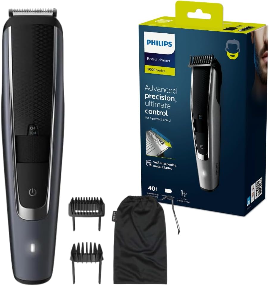 Philips Beardtrimmer Series 5000 Corded/Cordless Beard Trimmer with Lift and Trim PRO System, 0.2mm Precision Settings and 90 Min Cordless Use, Silver, BT5502/15