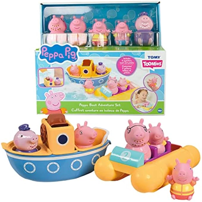 Toomies Peppa Pig Bath Toys - Peppa’s Boat Adventure Bath Toy Set - Includes 2 Boat Toys and 5 Peppa Pig Figures - Peppa Pig Toy Boats - Toddler Bath Toys for 18 Months and Up