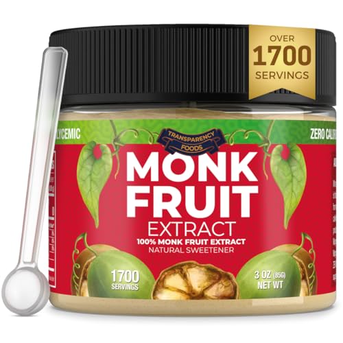 100% Monk Fruit Extract (90X Sweeter Than Sugar) Monk Fruit Sweetener No Erythritol, Sugar Substitute, Zero Calories, Zero Glycemic, Non-GMO, 25% Mogroside V by Transparency Foods (3oz, 1700 servings)