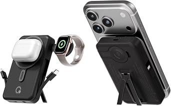 Q Magnetic Portable Charger 10,000mAh, Travel Essentials Wireless Power Bank with Built-in Cables & Foldable Stand, External Battery Pack Compatible with iPhone 17/16/15/14/13/12, Apple Watch