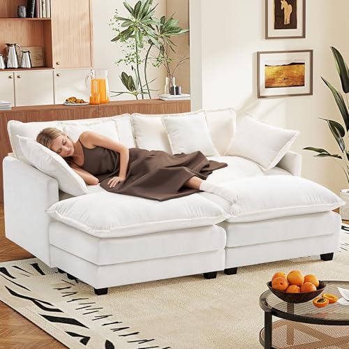 Image of 77.6 inch Modular Sectional Sofa,Loveseat Couch for Living Room, Modern Deep Seat Sofa 2 Seater Chenille Fabric Comfy Cloud Couches with Throw Pillows & Ottoman for Apartment,Small Spaces
