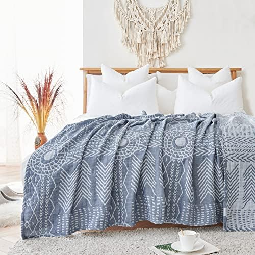 jinchan Blue Throw Blanket 100% Cotton Blanket for Couch Twin Size Cozy Blanket Bed Decor 3 Layer Winter Blanket Boho Throw Cotton Coverlet Geometric Christmas Blanket Baby Kids Gift 60x80 Inch