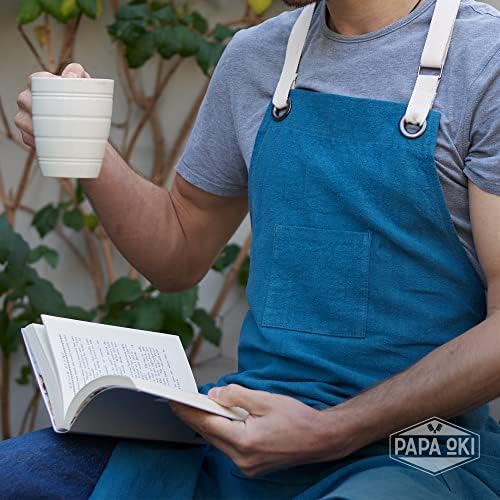 Papa Oki Linen Aprons. Adjustable Cotton Fabric Straps, Apron with Pockets. Towel Loop. Kitchen apron for men and women.
