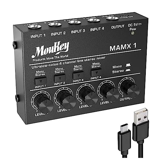 Mezclador estéreo de audio de estudio Moukey, 4 canales para discotecas, bares, escenarios, mesas de mezclas, guitarras, bajos y teclados, MAMX1