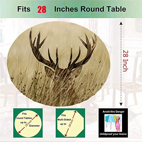 Antler Decor Elastic Edged Table Cover Round, Deer Fawn In Wilderness Stag Countryside Rural Hunting Theme Table Cloth, Water Resistant Tablecloths For Dining/Kitchen/Parties, Sand Brown #TOP3