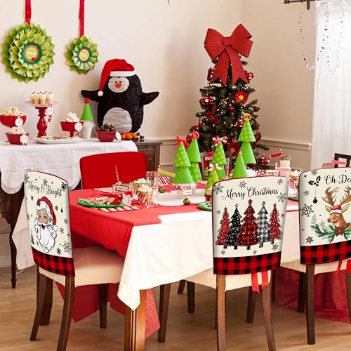 Image of TREWAVE Christmas Chair Covers Set of 6 Buffalo Plaid Santa Claus Chair Back Covers Snowman Holiday Dining Chair Slipcovers Protector Kitchen Dining Room Decor Festival Party Decoration