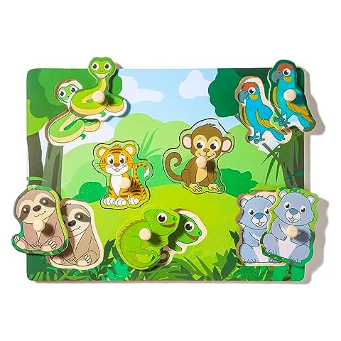 Wooden Puzzles for Toddlers 1-3, 6 Pack Peg Puzzles with Wire Puzzle Holder Rack for Kids (Rainforest Animals) Cover