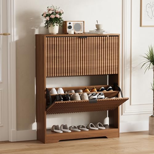 Image of HUANLEGO Shoe Cabinet Storage for Entryway with 2 Flip Drawers, Walnut Fluted Shoe Cabinet with Open Storage, Wooden Hidden Shoe Rack Freestanding Narrow Slim Shoes Organizer for Hallway, Entrance