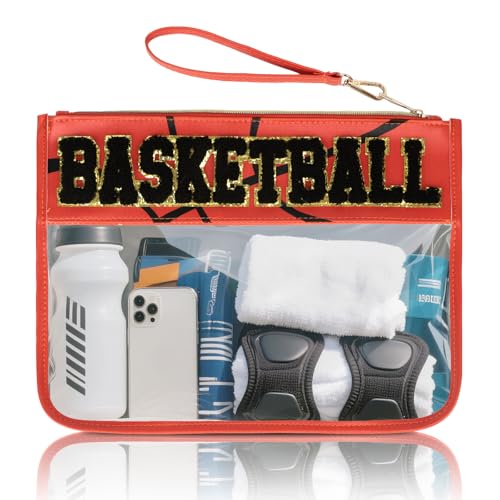 Basketball Gifts for Makeup Cosmetic Bags Chenille Letter Clear Zipper Toiletry Pouch Basketball Accessories for Women Sport Portable Travel Stuff Storage Case Bags