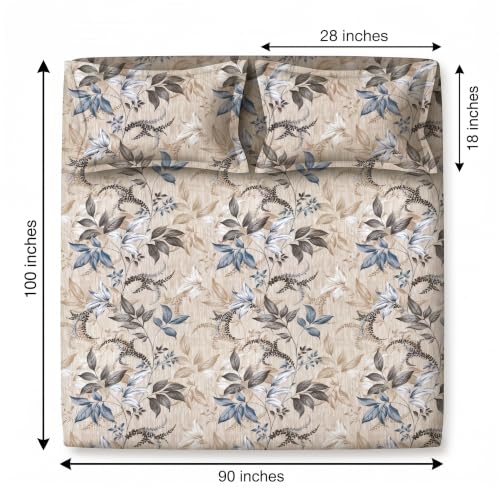 Image of BSB HOME 240 TC Cotton Double Bedsheet with 2 Pillow Covers, Soft & Breathable Bed Sheet for Double Bed, Fade & Wrinkle Resistant, Floral Print, 90 x 100 Inches (228 x 254 cm)-Mineral Blue Woodland
