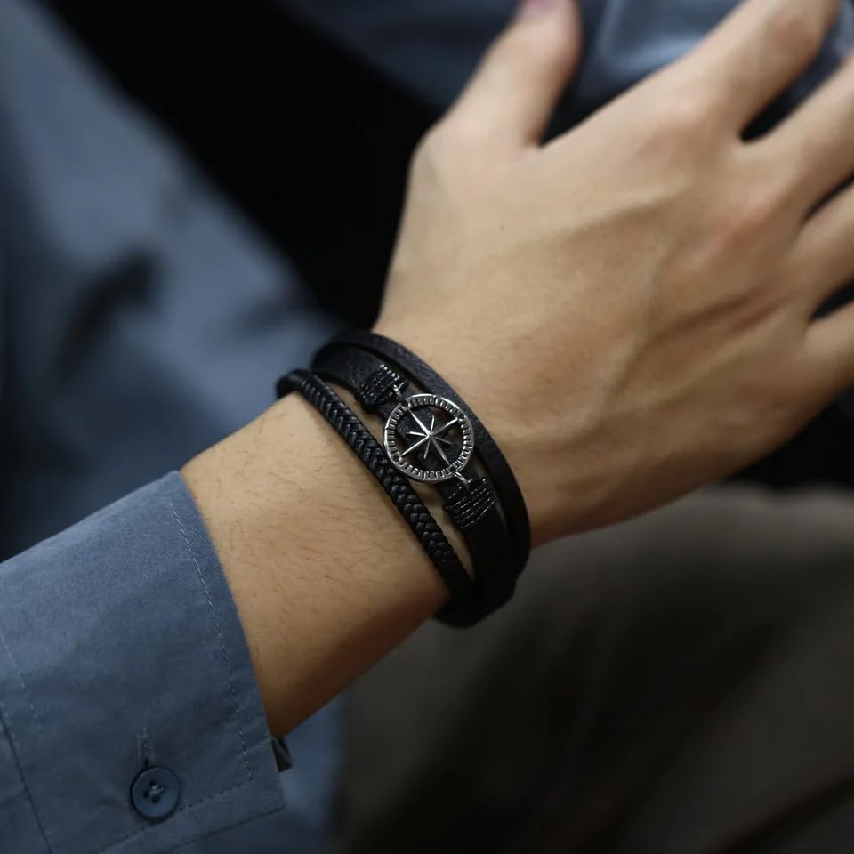 Image of Black Braided Leather Bracelet For Men
