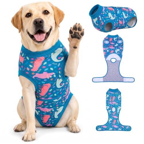Image of PetWarm Dog Recovery Suit After Surgery, Dog Bodysuit, Substitute E-Collar and Cone, Pet Surgery Recovery Suit, Female Male Dog Onesie for Spay Neuter, Dinosaur Pattern, Multi-Colored, 2XL
