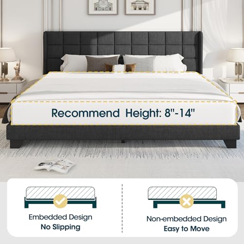 WEEWAY King Size Wingback Upholstered Platform Bed Frame with Box-tufted Stitched Headboard and Wooden Slats/No Box Spring Needed/Easy Assembly, Dark Grey - Thumbnail 6