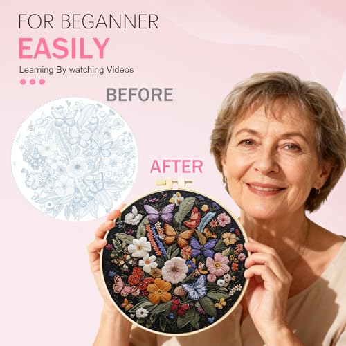 Image of Huacan Embroidery Kit for Beginners Adults Includes Stamped Flowers Butterfly Pattern, Hoop, Color Threads,Tools,Easy to Follow Instruction