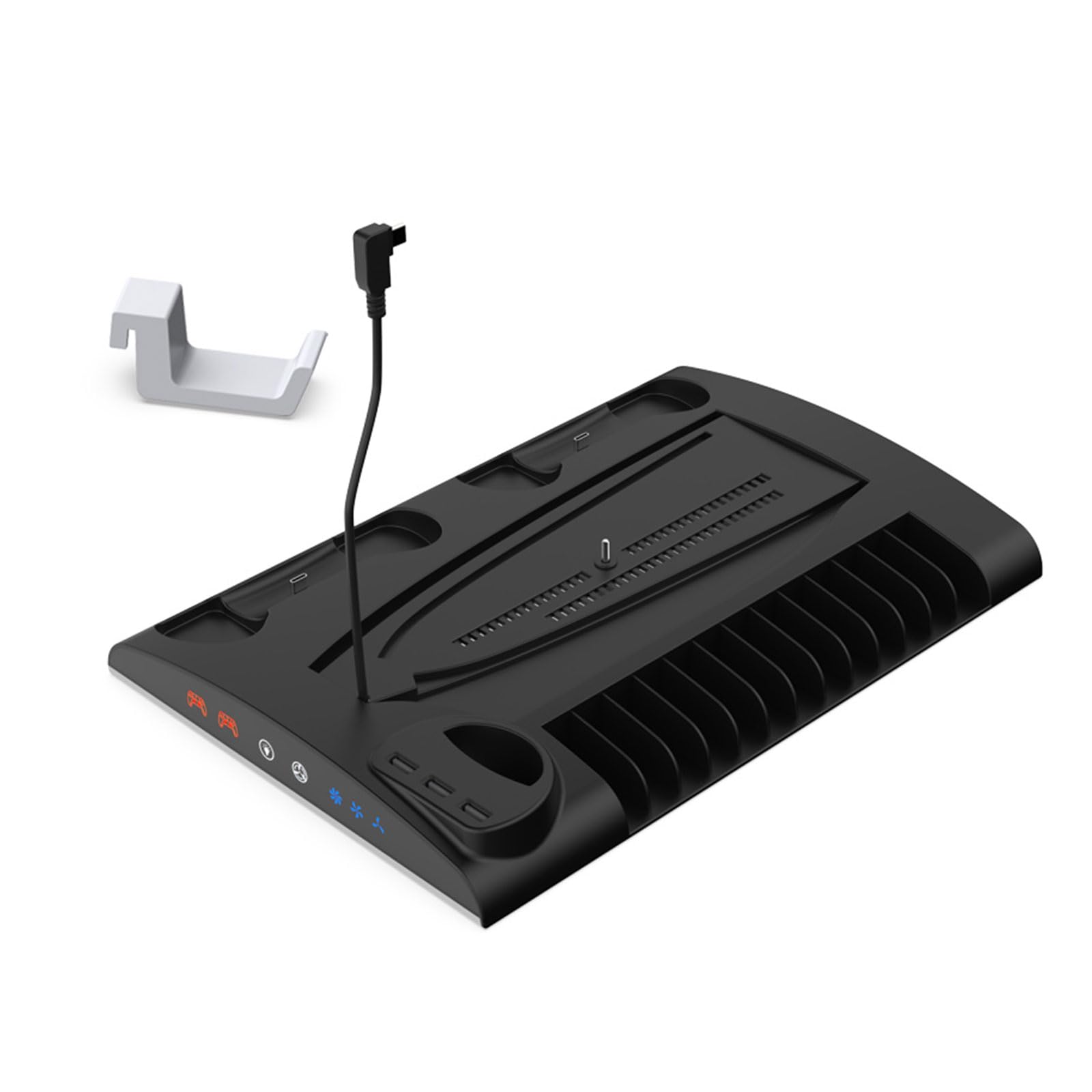 Soporte vertical de consola con soporte para auriculares compatible con ranura para cartucho de juego, ventilador de refrigeración y base de carga para controlador