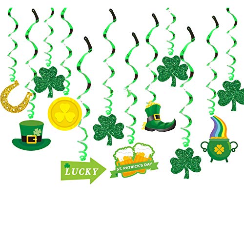 24 Pcs St. Patrick's Day Strings w. Irish Saint Patricks Green Shamrock Foil Strings Hanging Swirls. St Patricks Ceiling Hanging Wall Decoration Party Decor for Home School Office Party(24pcs)