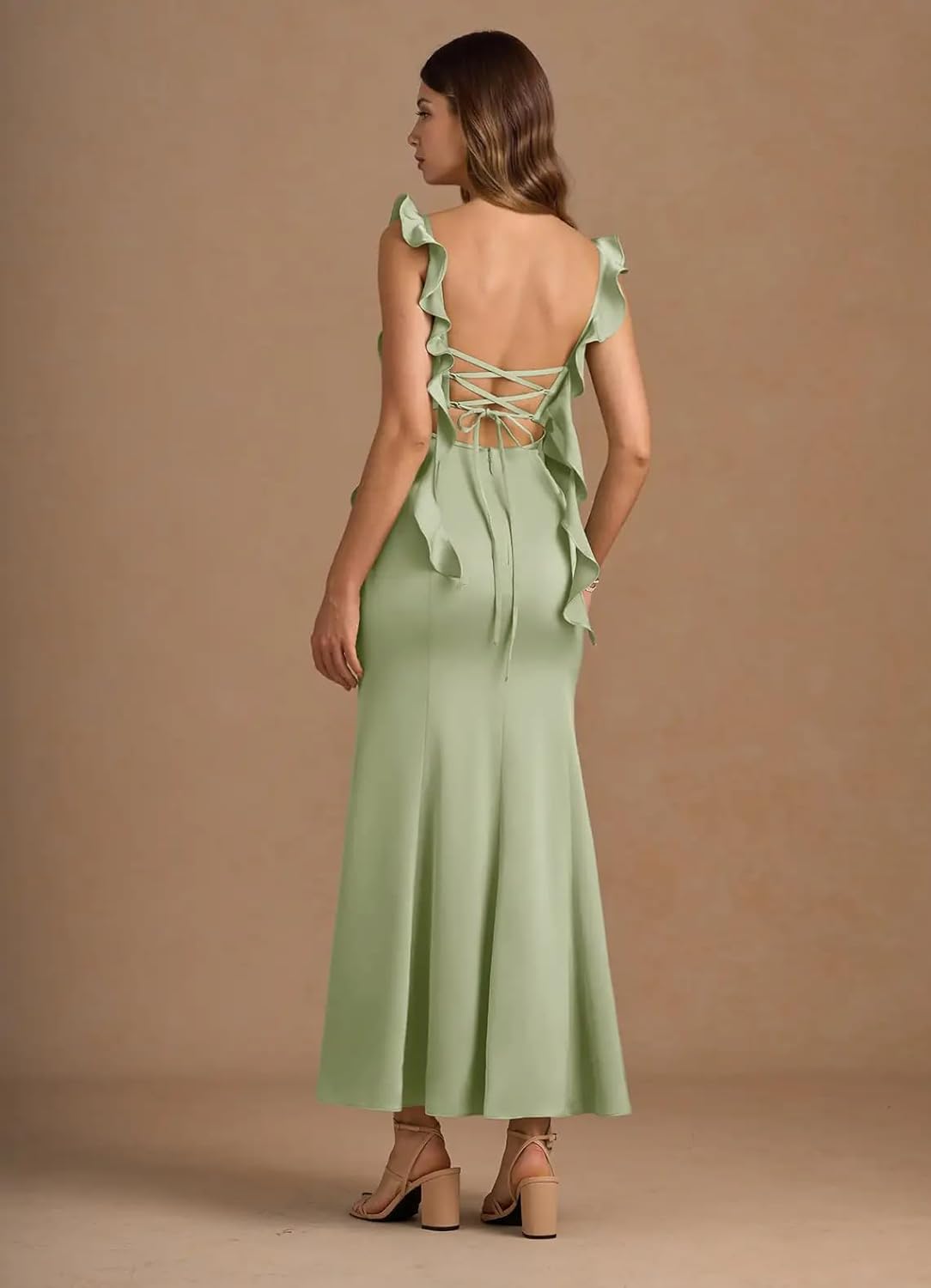 Satin Bridesmaid Dresses for Women Ruffle Straps Backless Maxi Formal Evening Gowns