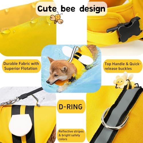 Little Bean® Hundeschwimmwesten, verstellbare Haustier-Schwimm-Sicherheitsweste mit überlegenem Auftrieb und Rettungsgriff für Hunde, Bootfahren, mit reflektierenden Streifen (Bienen gelb, XS)