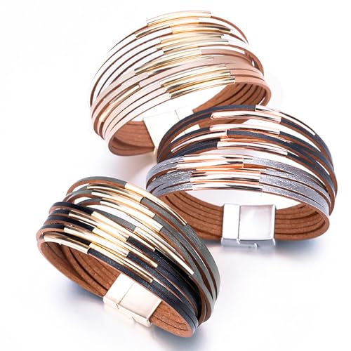 Image of Fesciory Leather Wrap Bracelets for Women, Boho Leopard Multi-Layer Crystal Beads Cuff Bracelet Jewelry