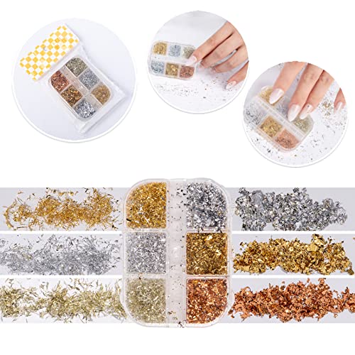 2 Boxes Nail Art Foil Flakes,Hoinco 6 Grids Nail Art Supplies Aluminum Foil Flake Metallic Gold Silver Nail Paillette Holographic Nail Foil Glitters 3D Nail Confetti For Nail Art Decorations #TOP3