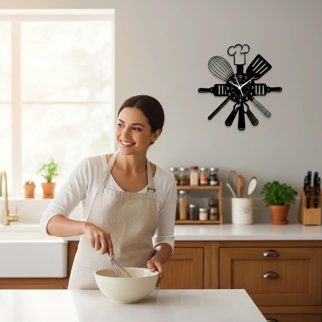 for Kitchen Lovers: 12 Inch Silent Wall Clock, Fun Themed Decor for Holiday Cooking & Family Gatherings, Non-Ticking, Ideal for Kitchen, Dining Room (Black)