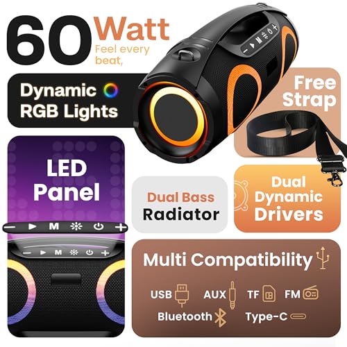 Image of GOBOULT Bassbox Q60 Bluetooth Speaker with 60 Watt BoomX Audio, Up to 14Hrs Playtime, Type-C Charging, AUX /TF Card /USB & BT 5.4 Compatible, Dual Radiator, Portable Speaker (Black)