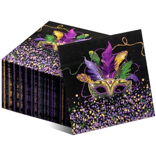 Honoson 100 Pcs Mardi Gras Theme Paper Napkins 5 x 5 Disposable Cocktail Party Napkins Gold Purple Green Masquerade Mask Guest Napkins for Mardi Gras Party Carnival Themed Party Supplies Holiday Decor