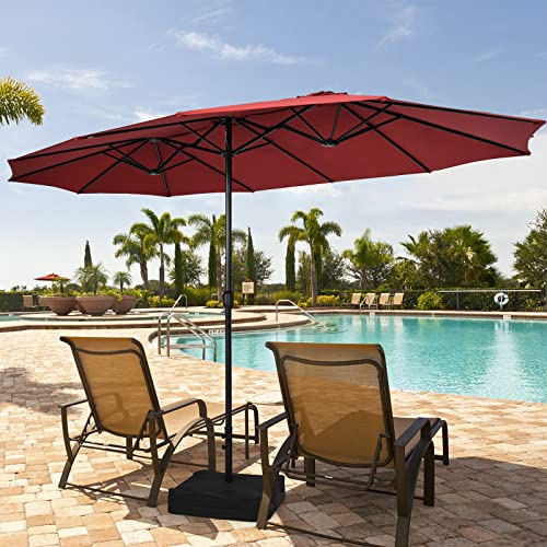 Image of Tangkula 15FT Double-Sided Patio Umbrella with Base, Extra-Large Market Umbrella W /Crank System, Outdoor Twin Umbrella W / 12-Rib Metal Structure & Air Vents for Garden, Backyard, Poolside (Burgundy)