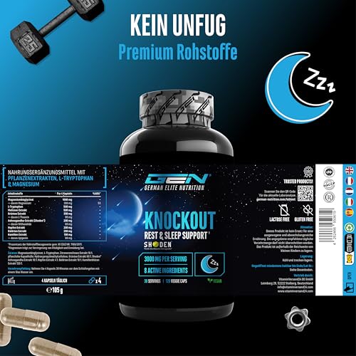 Knockout - Sleep & Recover Support - 120 Kapslen mit Shoden® Ashwagandha Extrakt, Magnesium, L-Tryptophan, natürliches L-Theanin aus Grüntee, Baldrian - Vegan