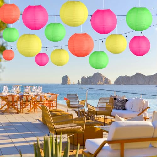Image of 15-Pack Glow in the Dark Party Supplies, Neon Party Decorations | UV-Reactive Colorful Hanging Paper Lanterns for Birthday, Wedding, Baby Shower, Classroom Decor, Bars & Blacklight Events
