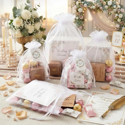 Image of FUNFERY 100PCS White Organza Gift Bags 4x6in,Drawstring Pouch for Jewelry