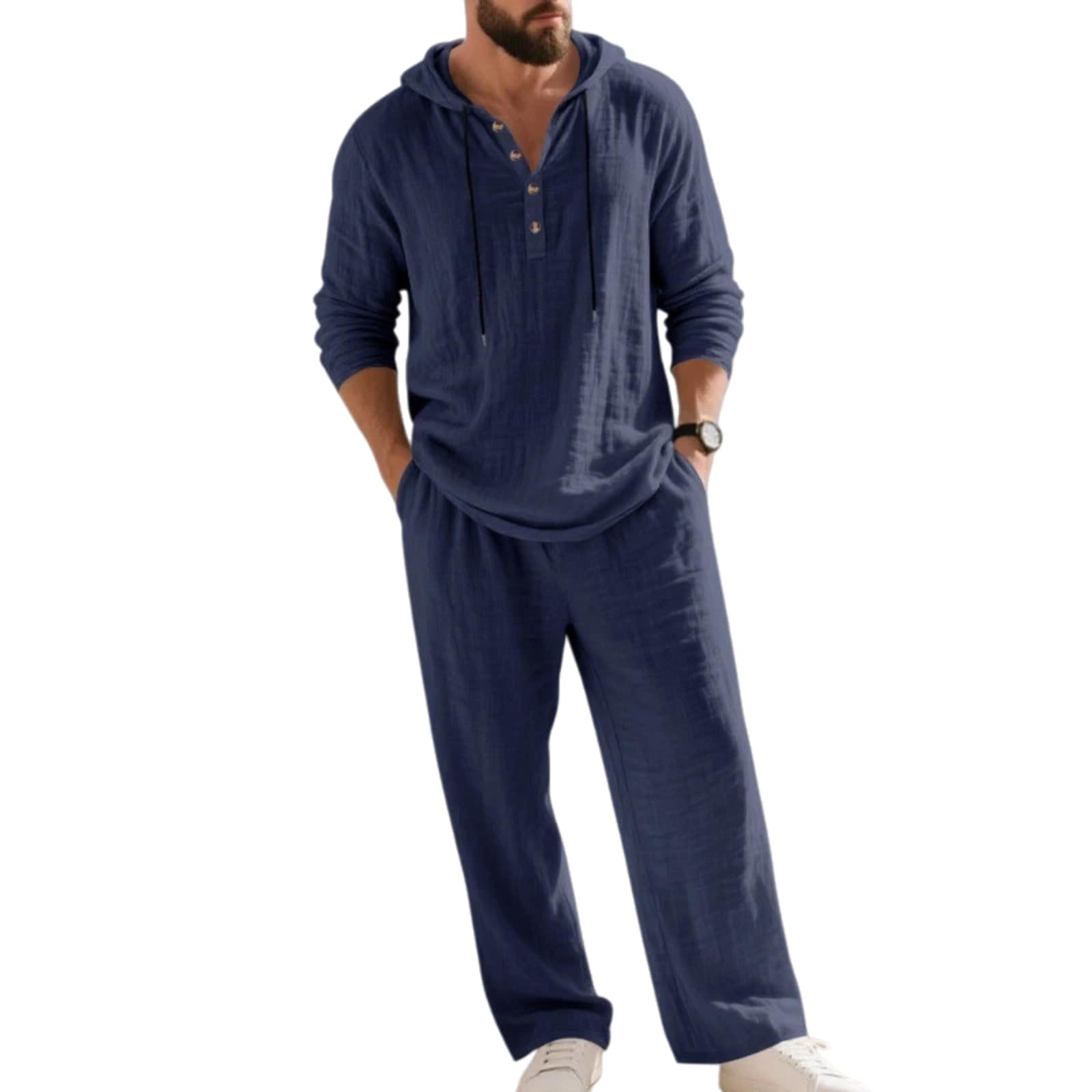 Men's Hooded Casual Loose Top & Pants 2-Piece Set Linen Suit Hooded Henley Mens Linen Sets For Home Vacation Daily Wear Lounge